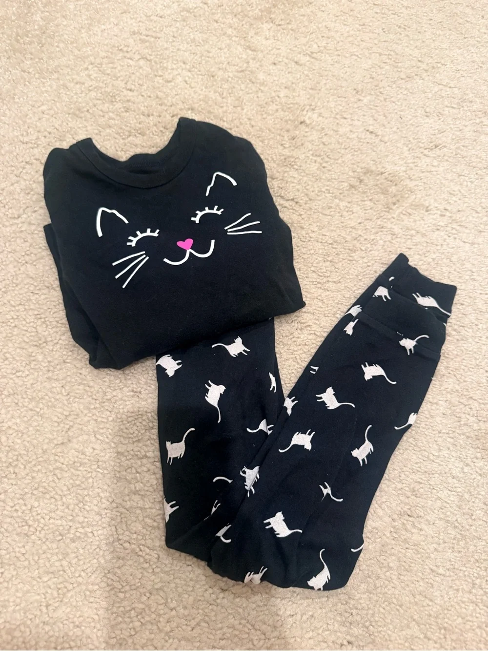 GAP Black Kids Two-Piece Cat Pajama Set with Pink Nose Detail